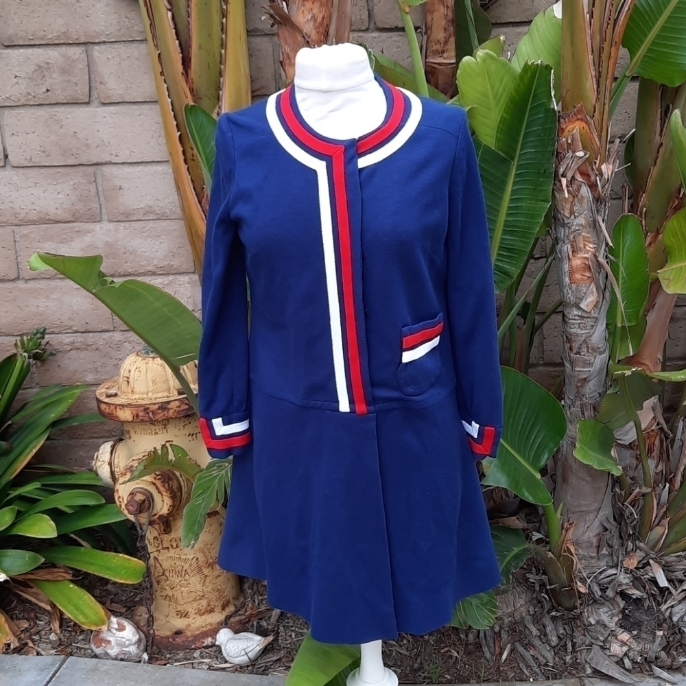 Vintage handmade long sleeve navy blue red dress S